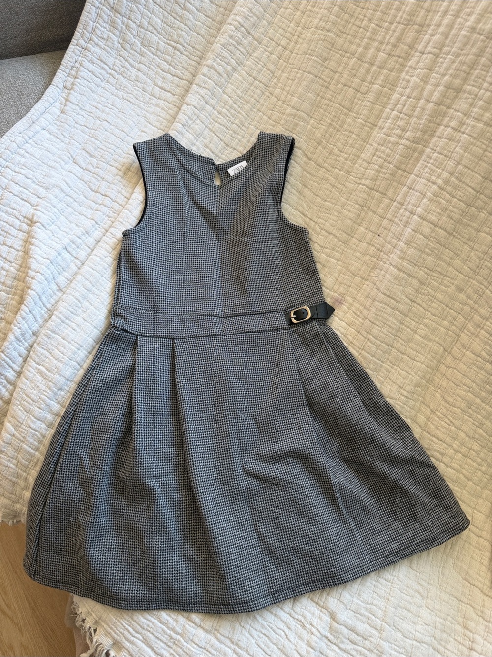 Zara Gray Check Sleeveless Pleated Belted Dress